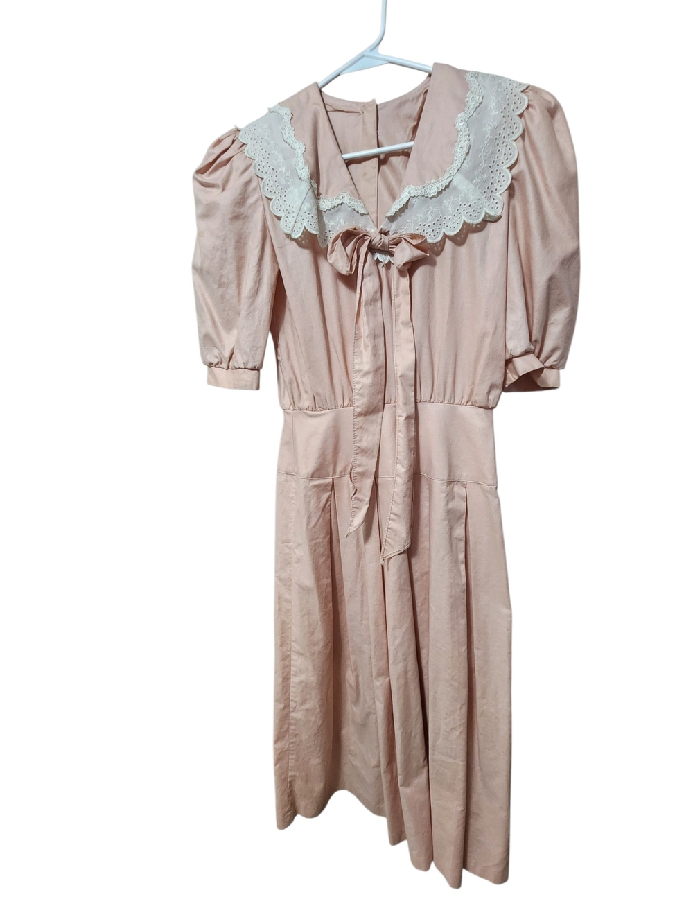 VTG 80s All That Jazz Pink Midi Dress Eyelet Collar Puff Sleeve